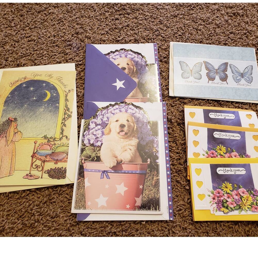 Thank You Greeting Cards Set of 7 Appreciation Cards Puppy, Butterfly, Floral